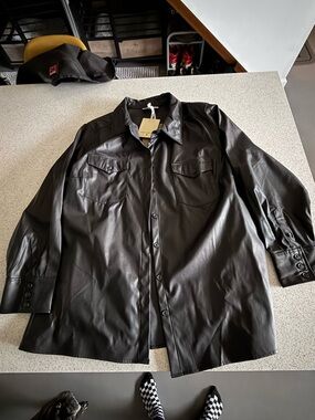 Nili Lotan Black Faux Leather Button-Front Shirt Jacket